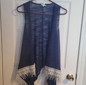 Sleeveless blue with white fringe xl by,"Self Esteem," cardigan.